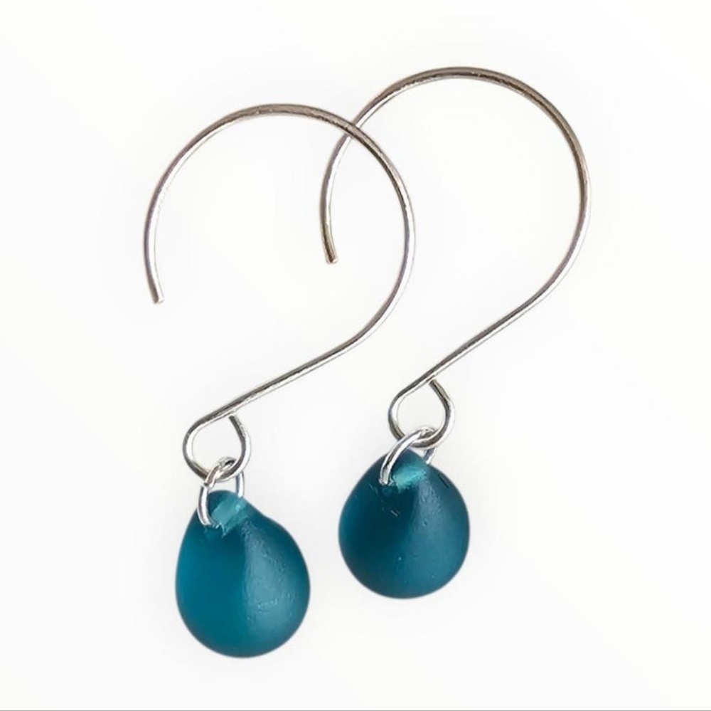 Teal Sea Glass Teardrop Earrings: Sterling Silver Wire